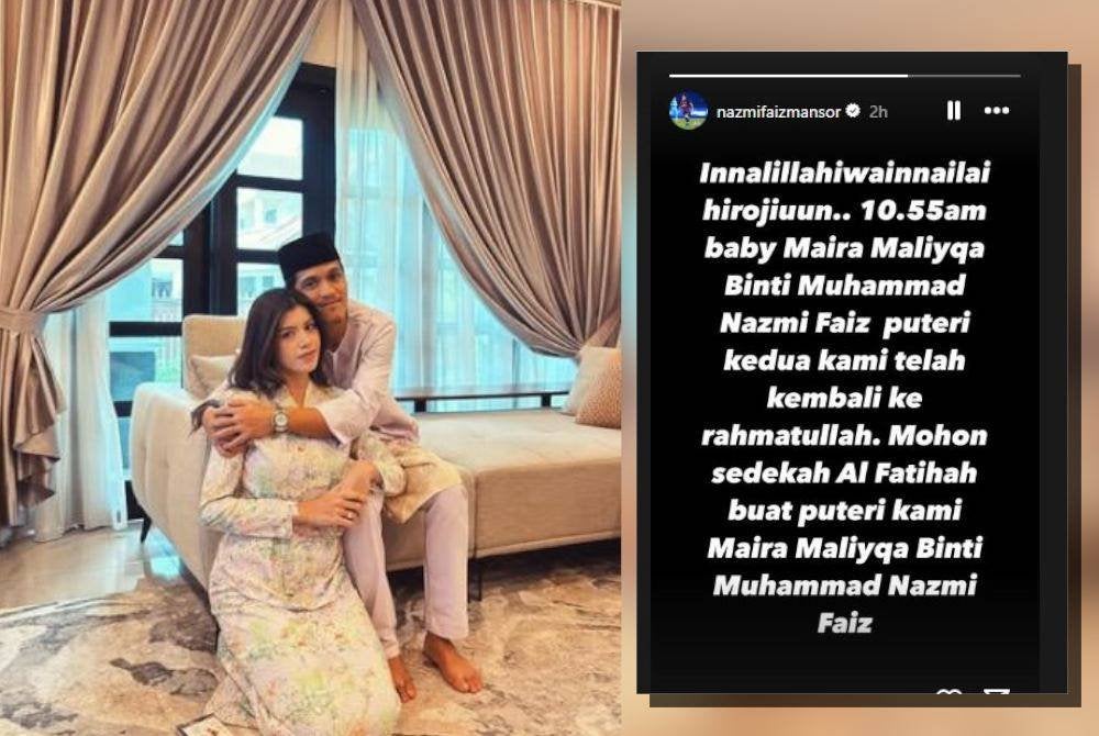 Nazmi bersama isterinya dan perkhabaran sedih mengenai pemergian anak kedua mereka hari ini. Foto Instagram Nazmi
