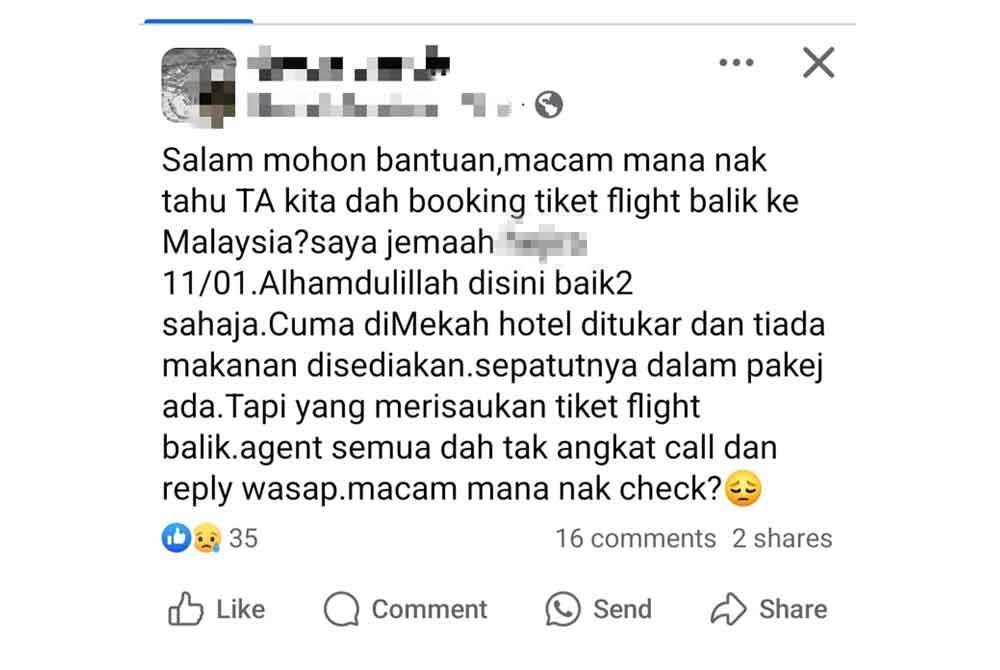 Tangkap layar hantaran media sosial oleh jemaah umrah yang mendakwa berdepan isu hotel dan makanan, namun semakan terbaharu mendapati hantaran itu kemungkinan telah dipadam setelah isu itu diselesaikan.
