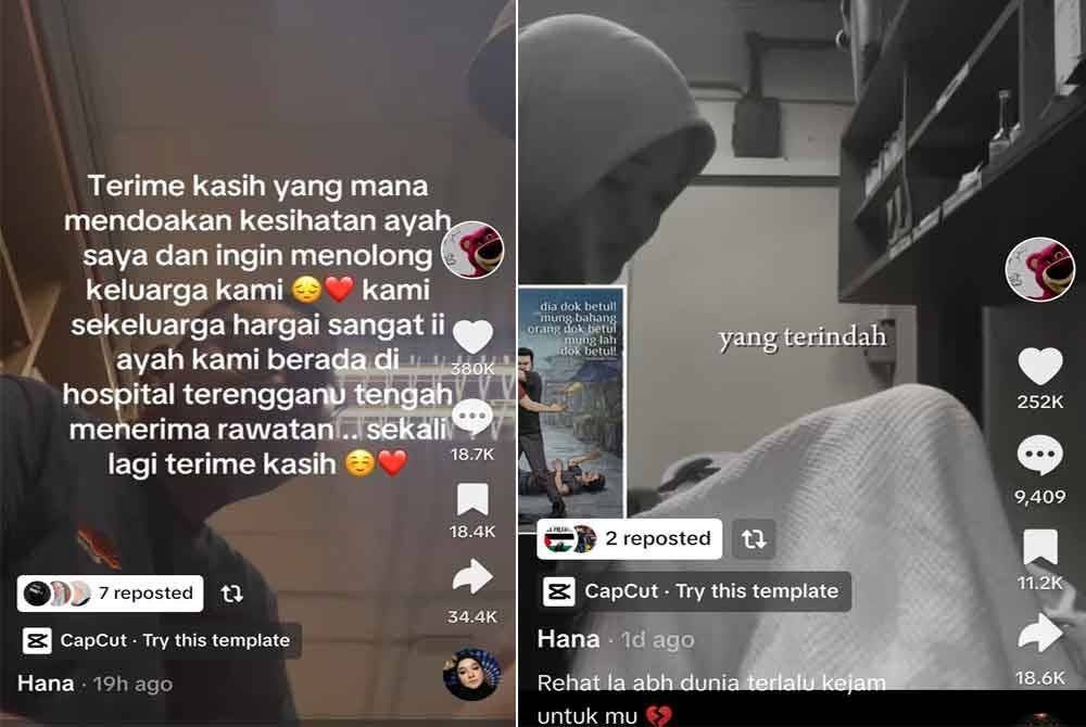 Tangkap layar TikTok oleh anak perempuan lelaki OKU yang dipukul dalam kejadian di Pasar Tani, Padang Astaka Chukai, di Kemaman pada Jumaat lalu. (Gambar kanan, wanita itu turut berkongsi video ketika menjaga bapanya di hospital.)