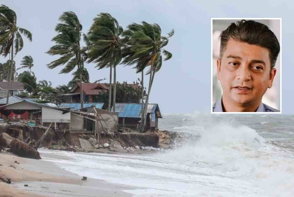 Ombak besar menghempas batu pemecah ombak yang diletakkan di sekitar kawasan kedai memproses ikan kering dan kedai makan di Kuala Nerus. Foto Bernama. Gambar kecil: Muhammad Faiz