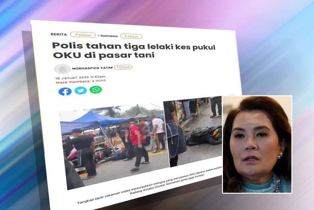 Laporan Sinar Harian berhubung insiden kes pukul lelaki OKU di Pasar Tani Padang Astaka Chukai, Terengganu pada pagi Jumaat lepas. Gambar kecil: Ras Adiba Radzi