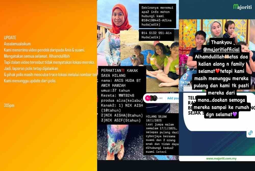 Tangkap layar hantaran adik kepada wanita berusia 37 tahun yang dilaporkan hilang bersama suami dan tiga anaknya sejak Jumaat lalu di Instagram pada Ahad.