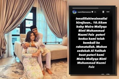 Nazmi bersama isterinya dan perkhabaran sedih mengenai pemergian anak kedua mereka hari ini. Foto Instagram Nazmi