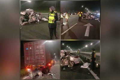 Wanita maut manakala rakan lelakinya parah selepas kereta dinaiki merempuh sebuah treler rosak. Foto ihsan polis