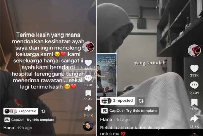 Tangkap layar TikTok oleh anak perempuan lelaki OKU yang dipukul dalam kejadian di Pasar Tani, Padang Astaka Chukai, di Kemaman pada Jumaat lalu. (Gambar kanan, wanita itu turut berkongsi video ketika menjaga bapanya di hospital.)
