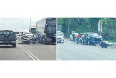 Antara kenderaan yang rosak selepas dirempuh pemandu kereta melawan arus di Jalan Chain Feri pada Sabtu.