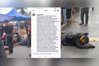 Tangkap layar rakaman video menunjukkan mangsa OKU dipukul dalam insiden di Pasar Tani, Padang Astaka Chukai, Kemaman pada pagi Jumaat. (Gambar tengah, tangkap layar paparan di ruang komen oleh individu mengaku sebagai rakan lelaki OKU tersebut.)