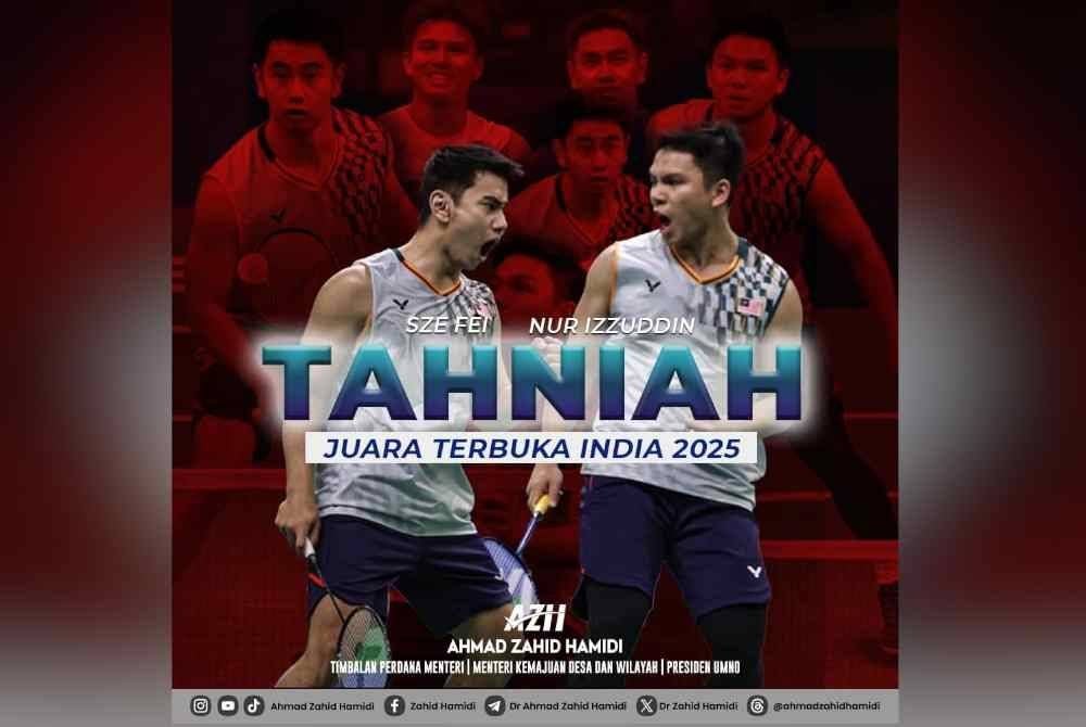 Ahmad Zahid mengucapkan tahniah kepada Sze Fei-Nur Izzuddin yang merangkul gelaran juara Kejohanan Badminton Terbuka India Super 750.