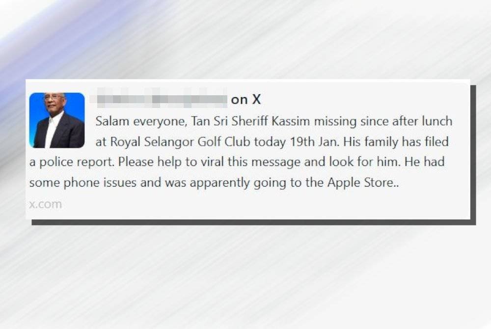 Tular satu hantaran di media sosial yang dimuat naik oleh seorang individu memaklumkan mengenai kehilangan Mohd Sheriff.