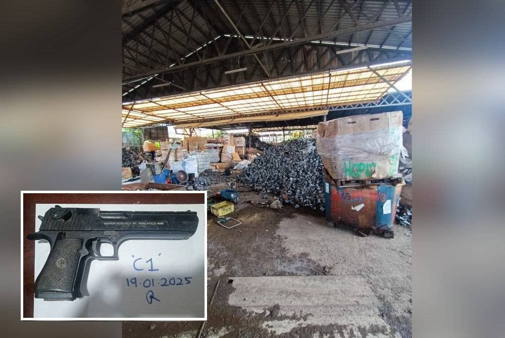 Premis yang disyaki melaksanakan kegiatan memproses sisa elektronik atau 'e-waste' secara haram. Turut dirampas pistol angin tiruan semi auto.