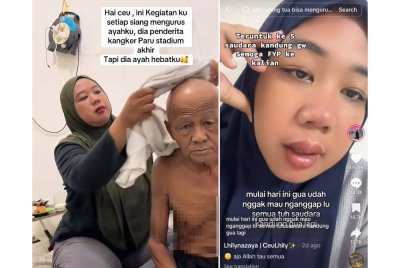 Tangkap layar video Lhilynazaya menguruskan bapanya yang sakit seorang diri dan meluahkan rasa kesal terhadap tindakan adik-beradik lain bersikap lepas tangan.