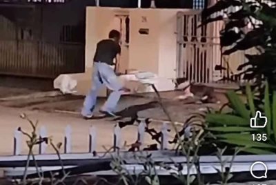 Tangkap layar video tular menunjukkan seorang lelaki bertindak memukul anjing peliharaannya menggunakan besi.