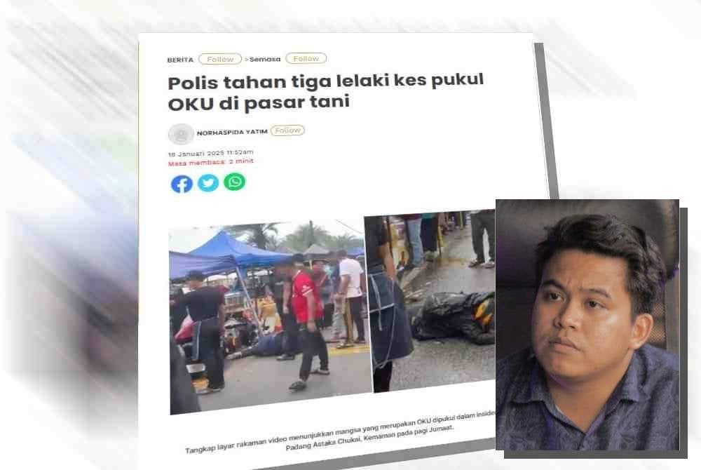 Laporan Sinar Harian berhubung insiden kes pukul lelaki OKU di Pasar Tani Padang Astaka Chukai, Terengganu pada pagi Jumaat lepas. Gambar kecil: Sollahuddin