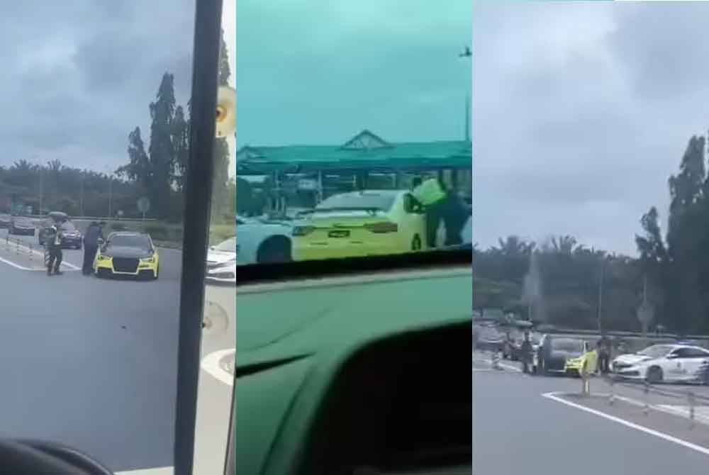 Tangkap layar video tular memaparkan anggota polis menghampiri kereta berwarna kuning berhampiran Plaza Tol Yong Peng Utara pada Isnin.