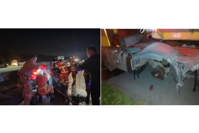Empat sekeluarga cedera dalam nahas tiga kereta langgar tayar kiri lori tangki tercabut di Kilometer KM 199 Lebuhraya Pesisiran Pantai Barat (WCE) menghala ke selatan dekat Sitiawan.
