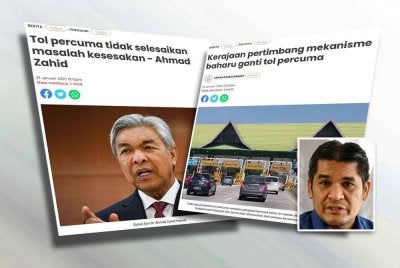 Laporan Sinar Harian mengenai isu tol percuma semasa musim perayaan. Gambar kecil: Radzi