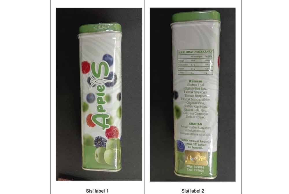 KKM mengesan produk gula-gula jenama Apple S mengandungi sibutramine iaitu sejenis ubat yang digunakan untuk mengawal selera makan - Foto: KKM