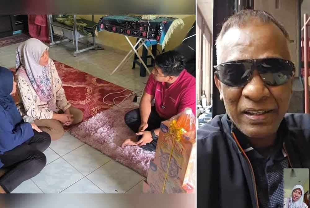 Wan Mahussin (kanan) ketika mengunjungi keluarga mangsa pukul di Kuala Ibai, Kuala Terengganu pada Rabu. (Gambar kanan, panggilan telefon Datuk Seri Salim bersama isteri mangsa, Faridah).