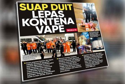 Laporan muka depan Sinar Harian pada Khamis berkaitan kes sindiket penyeludupan rokok elektronik.