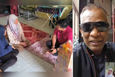 Wan Mahussin (kanan) ketika mengunjungi keluarga mangsa pukul di Kuala Ibai, Kuala Terengganu pada Rabu. (Gambar kanan, panggilan telefon Datuk Seri Salim bersama isteri mangsa, Faridah).