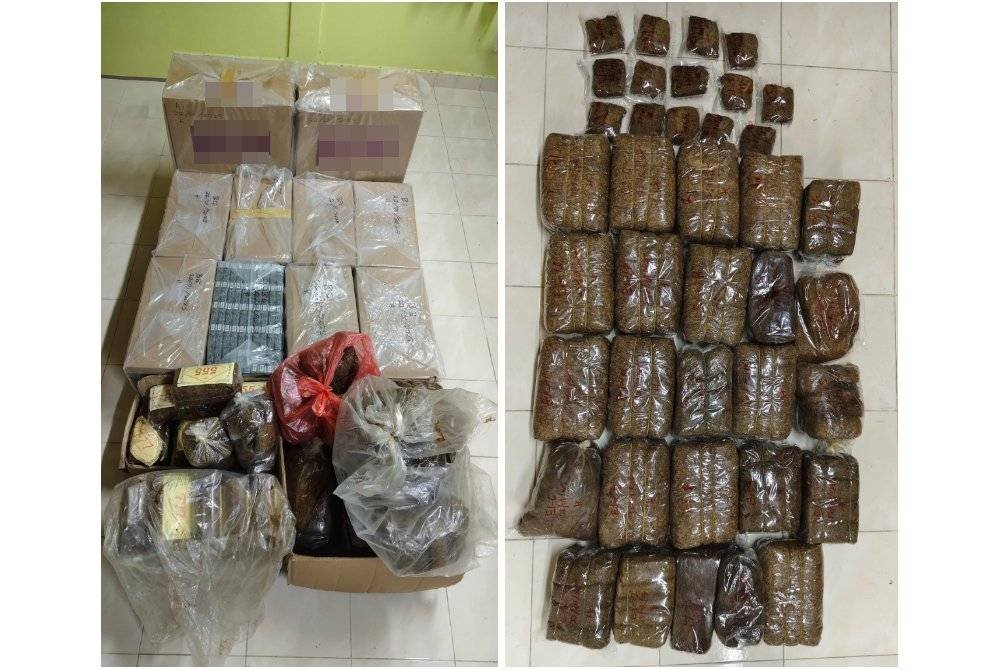 Pasukan Polis Marin Wilayah Tiga Pengkalan Kubor merampas 60,000 batang rokok putih dan 33 kilogram tembakau dalam serbuan di sebuah premis di Kampung Kutan, Tumpat pada Rabu. Foto PPM