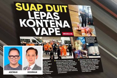 Laporan muka depan Sinar Harian pada Khamis mengenai isu kontena 'terbang' seludup vape.