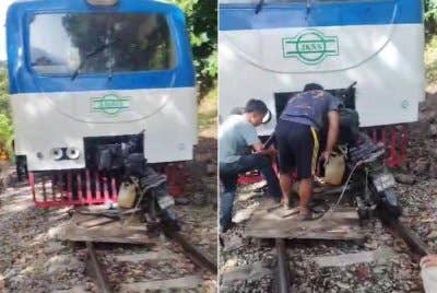 Troli yang dijadikan pengangkutan penduduk, bertembung dengan kereta api di Kampung Halogilat, Beaufort. Gambar kanan: Tindakan pantas beberapa individu melompat keluar dari kenderaan tersebut menyelamatkan mereka daripada digilis kereta api.