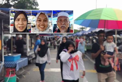 Walaupun cuaca hujan, kelihatan orang ramai tetap mengunjungi pasar pagi Jalan Padang Astaka, Chukai pada Jumaat. Gambar kecil: Rabiatul Tadawiyah, Nur Saidatul Nabihah, dan Kamaruddin