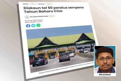 Laporan Sinar Harian berhubung pemberian diskaun tol 50 peratus sempena Tahun Baharu Cina