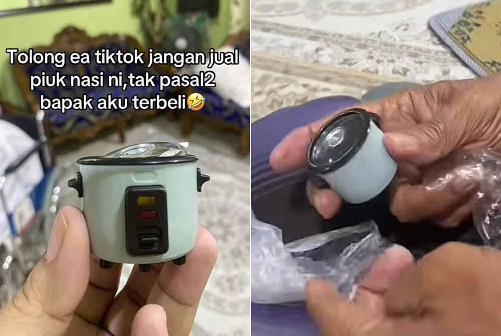 Hidayah hanya mampu ketawa melihat barang yang diterima bapanya. Gambar kanan: Seorang warga emas terkejut dan tidak menyangka apabila menerima periuk nasi yang dibeli secara atas talian bersaiz mini.