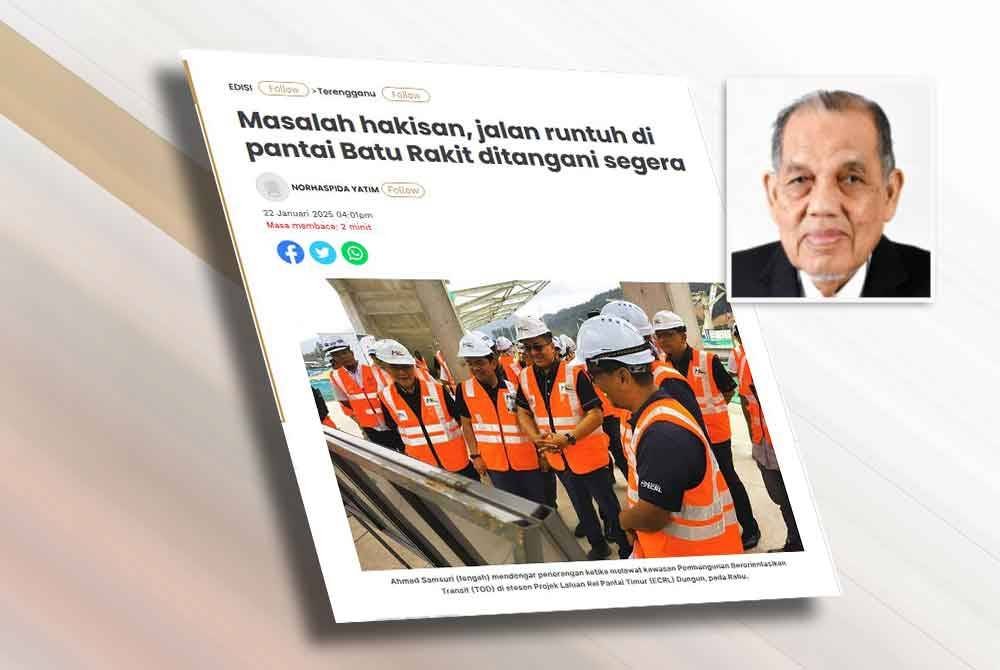 Laporan Sinar Harian berhubung masalah hakisan, jalan runtuh di pantai Batu Rakit akan ditangani segera. Gambar kecil: Wan Mahmood