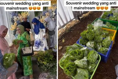 Pasangan pengantin ini memilih untuk menjadikan salad sebagai 'door gift' buat tetamu undangan yang hadir.