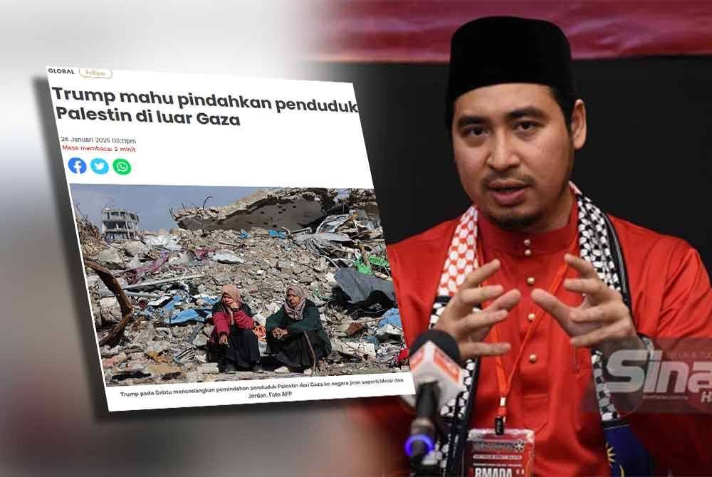 Laporan Sinar Harian mengenai kenyataan Donal Trump yang mahu pindahkan penduduk Palestin di luar Gaza. Gambar kanan: Wan Ahmad Fahysal