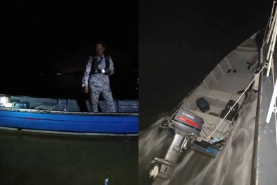 Anggota Maritim Malaysia melakukna pemeriksaan terhadap bot fiber berkenaan. - Foto APMM