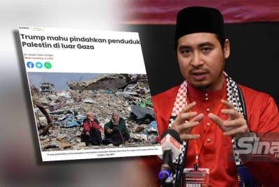 Laporan Sinar Harian mengenai kenyataan Donal Trump yang mahu pindahkan penduduk Palestin di luar Gaza. Gambar kanan: Wan Ahmad Fahysal