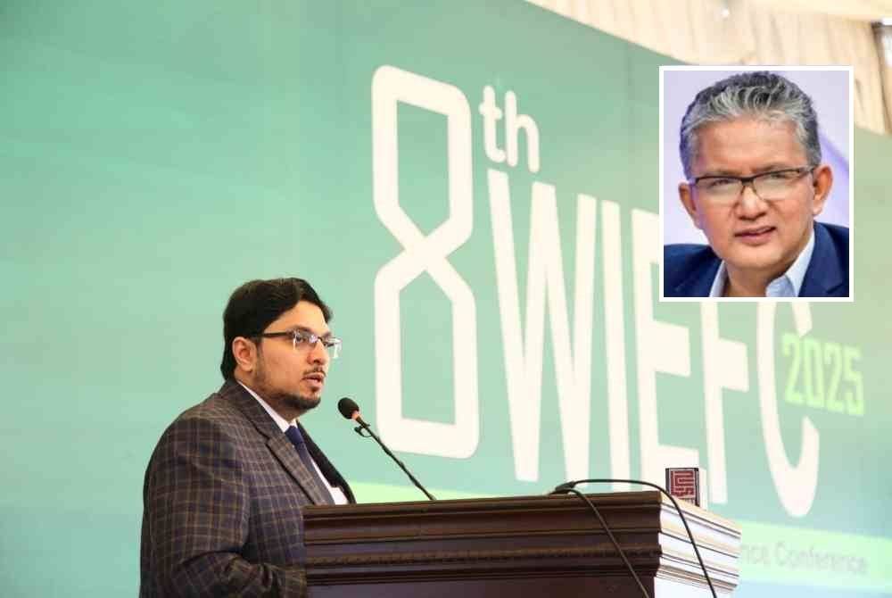 Hussain Mohi-ud-Din Qadri ketika menyampaikan ucaptamanya di Persidangan Ekonomi dan Kewangan Islam Dunia ke-8 (WIEFC) di Universiti Minhaj Lahore pada 25 Januari 2025. Gambar kecil: Dr Kamarul Zaman