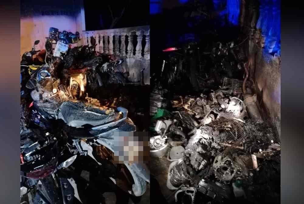 Deretan 12 motosikal terbakar dalam kejadian di Parit awal pagi Isnin. Foto: Ihsan Bomba Perak