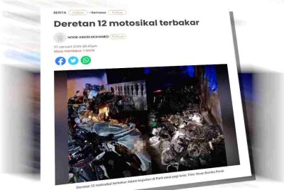 Laporan Sinar Harian pada Isnin mengenai insiden kebakaran 12 motosikal di Kampung Tanjung Medan, Layang Kiri, Parit pada awal pagi Isnin.