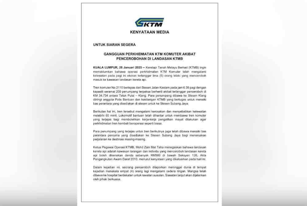Kenyataan media KTMB pada Selasa.