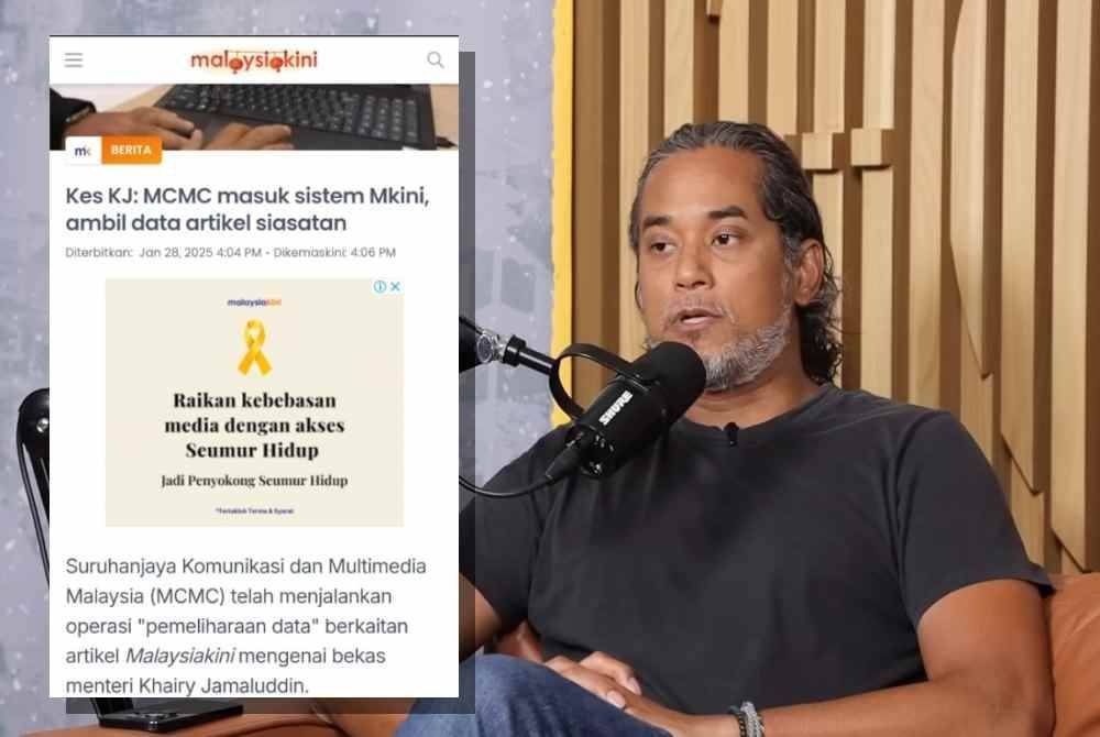 (Kanan) Tangkap layar portal berita Malaysiakini mengenai operasi ‘pemeliharaan data' oleh polis dan SKMM. (Kiri) KJ ketika podcast Keluar Sekejap pada Jumaat.