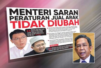Laporan Sinar Harian pada Isnin mengenai saranan menteri agar peraturan juak arak tidak diubah. Gambar kecil: Jalaluddin