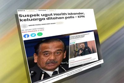 Laporan Sinar Harian mengenai suspek ugut pelawak terkenal, Harith Iskandar dan keluarga ditahan polis.