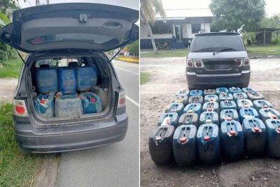 Cubaan dua lelaki menyeludup lebih 900 liter petrol bernilai RM3,029.50 ke Thailand gagal selepas kereta dinaiki mereka ditahan anggota Batalion 8 Pasukan Gerakan Am (PGA) Pengkalan Chepa di Chabang Empat, Tumpat Isnin. - Foto: PGA