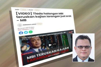 Laporan Sinar Harian berkaitan kajian larangan jual arak. Gambar kecil: Muhammad Fathi