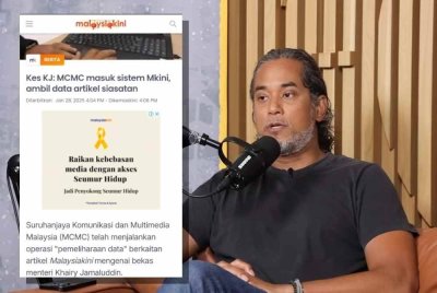 (Kanan) Tangkap layar portal berita Malaysiakini mengenai operasi ‘pemeliharaan data' oleh polis dan SKMM. (Kiri) KJ ketika podcast Keluar Sekejap pada Jumaat.