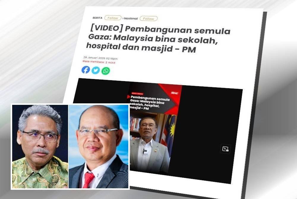 Laporan Sinar Harian berhubung pengumuman Perdana Menteri mengenai Pembangunan semula Gaza: Malaysia bina sekolah, hospital dan masjid. (Gambar kecil: Azmi, Ahmad Martadha)