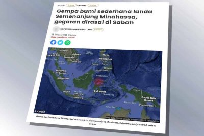 Laporan Sinar Harian berkaitan gempa bumi sederhana landa Semenanjung Minahassa.