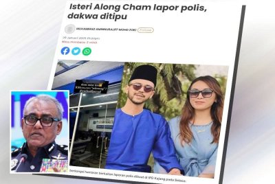 Laporan Sinar Harian mengenai isteri Along Cham, Afreena Suhaimi yang tampil membuat laporan polis pada Selasa selepas mendakwa ditipu seorang individu melibatkan wang sebanyak RM95,180. Gambar kecil: Ramli