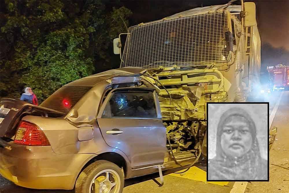 Kereta Proton Saga dipandu mangsa bertembung dengan trak tentera di hadapan Kem 96 Depot Pangkalan Peluru, Masjid Tanah, awal pagi Jumaat. Gambar kecil: Manisya Azlin