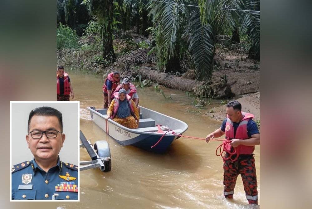 Anggota bomba dikerah membantu mangsa banjir di negeri ini. Gambar kecil: Zainal